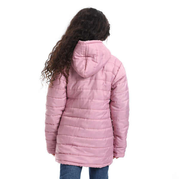 Hoodie Neck Zipper Closure Girls Jacket - Rose Pink