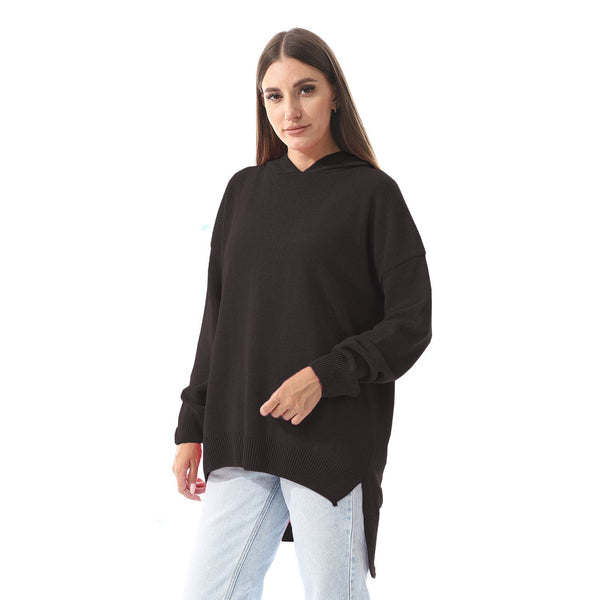Black High-Low Knitted Hoodie
