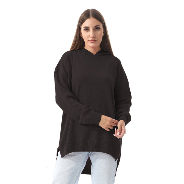 Black High-Low Knitted Hoodie