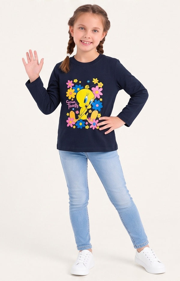 Comfy Printed Girls T-Shirt_-_Navy_Blue