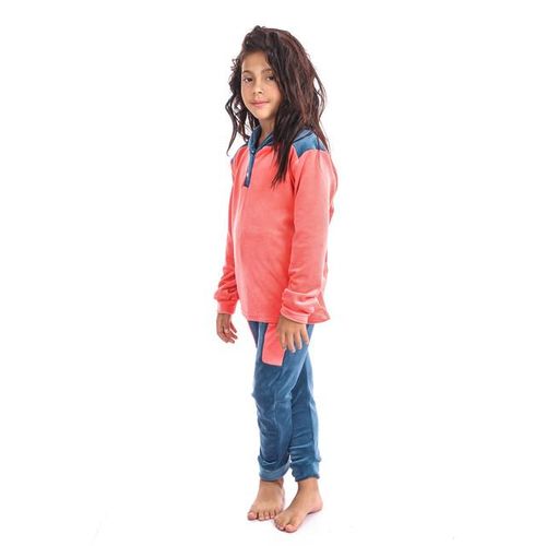 Girls Winter Solid Velvet Pajama Set - Coral & Teal Blue