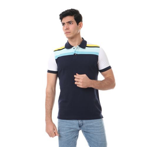 turn down collar plain polo shirt - navy blue - white