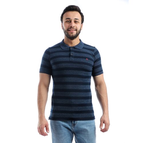 Wild Stripes Buttoned Short Polo Shirt - Navy Blue