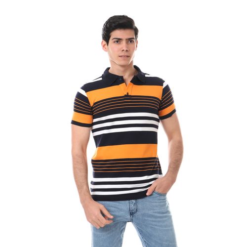 Plus Size Wide Striped Pique Polo Shirt - Black
