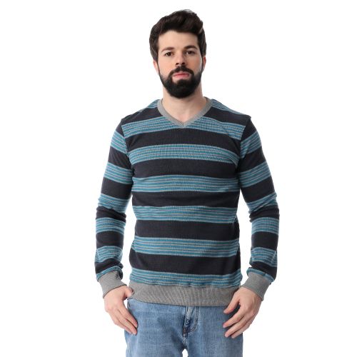 Striped Long Sleeves Sweatshirt - Navy Blue & Grey