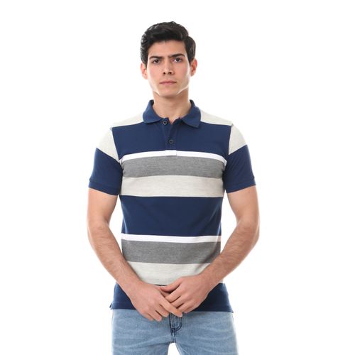 Plus Size Wide Striped Pique Polo Shirt - Navy Blue
