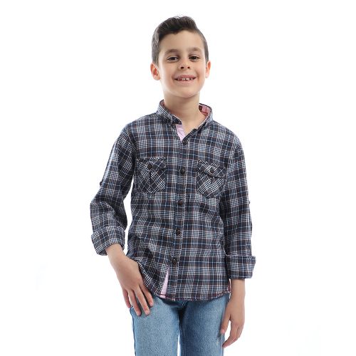 Boys Checks Long Sleeves With Two Pockets Shirt - Dark Brown & Navy Blue