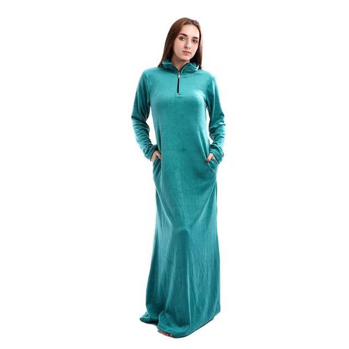 Zipped High Neck Velvet Nightgown - Teal Green