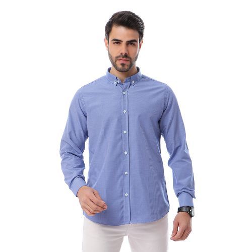 Buttoned Turn Down Collar Cotton Shirt - Blue & White