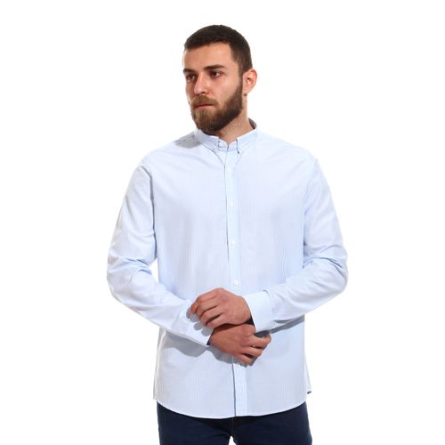 Basic Pinstripe Button Down Collar Shirt - Baby Blue & White