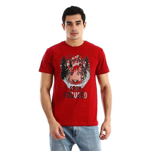 Printed Lion Short Sleeves T-Shirt - Dark Red