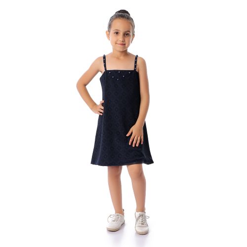 Girls Spaghetti Sleeves Dress With Pearls - Navy Blue