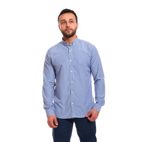 Basic Checkered Buttoned Long Sleeves Shirt -Royal Blue