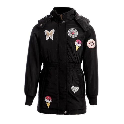 Girls Adjustable Hoodie Patched Jacket - Black