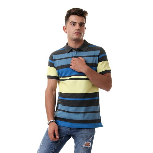 Striped Turn Down Neck Polo Shirt - Grey