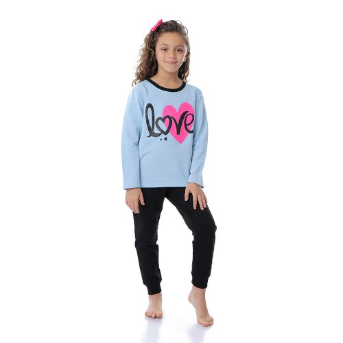 Girls Printed "LOVE" Pajama Set - Turquoise