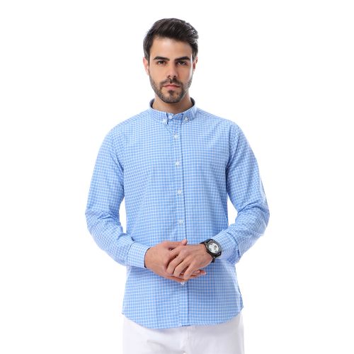Full Sleeves Small Plaids Shirt - Baby Blue & White