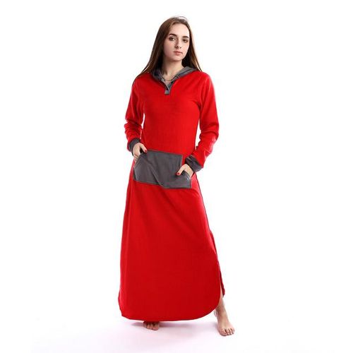 Hooded Buttoned Neck Velvet Nightgown - Red