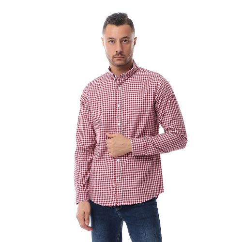 Basic Plaids Long Sleeves Buttoned Shirt - White&Dark Red