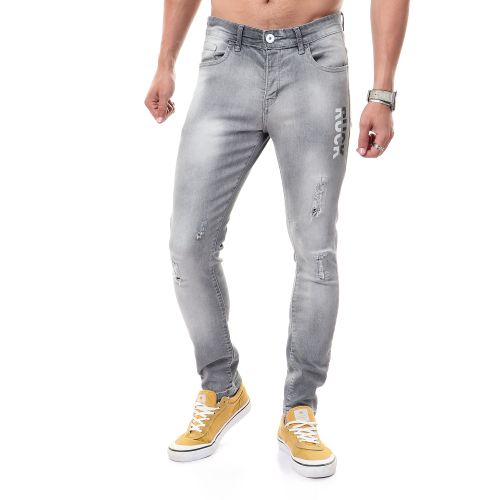 Side Printed "Ruck" Ripped Jeans - Wash Light Grey