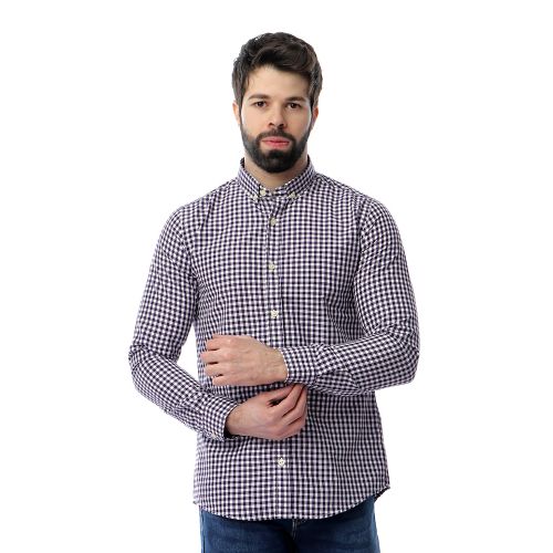 قميص بأكمام طويلة بأزرار - بنفسجي غامق وأبيض