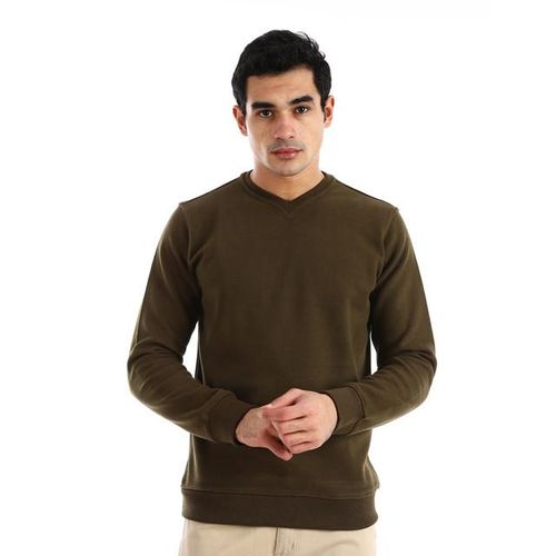 Basic V-neck Solid Sweatshirt - Olive