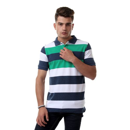 Casual Polo Shirt With Striped Pattern - White