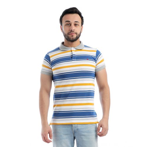 Pique Striped Short Sleeves Polo Shirt - Blue