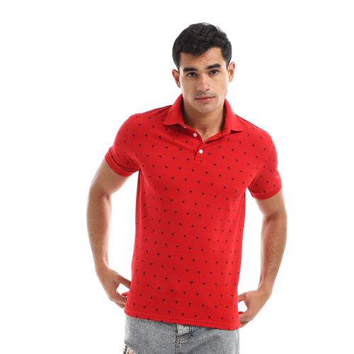 Short Sleeves Printed Palm Pique Polo Shirt - Red