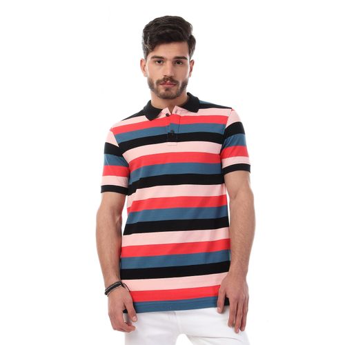 Striped Short Sleeves Buttoned Polo Shirt - Multicolour