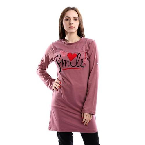 Embroidered " You Make Me Smile" Long Tee - Dark Cashmere