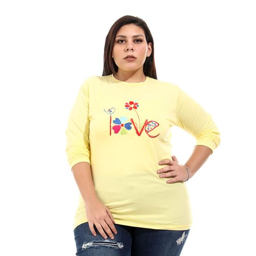 Embroidered " Love" Long Sleeves Tee - Light Yellow