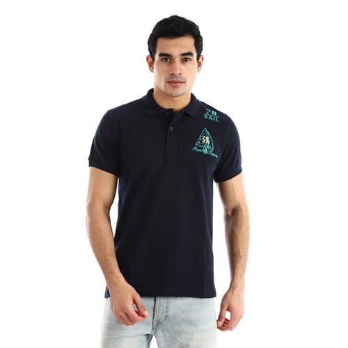 Side Embroidered Classic Collar Polo Shirt - Navy Blue
