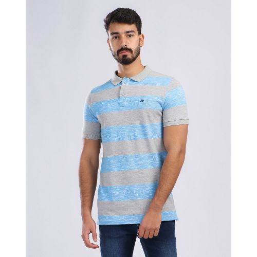 Wild Stripes Buttoned Neck Polo Shirt - Heather Light Blue & Grey