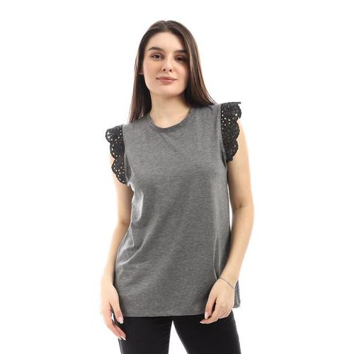 Cotton Top With Perforated Cap Sleeves - Grey