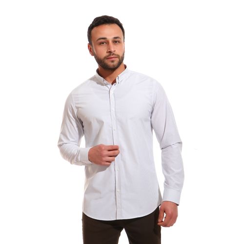 Striped Turn Down Collar Cotton Shirt - Grey & White