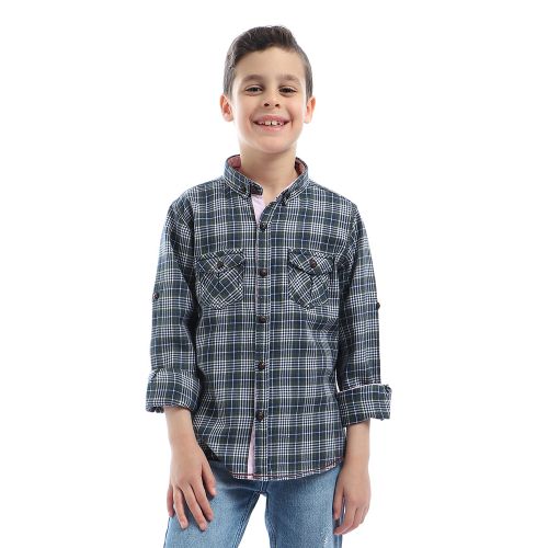 Boys Checks Long Sleeves With Two Pockets Shirt - Dark Green & Navy Blue