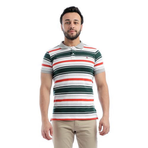 Pique Striped Short Sleeves Polo Shirt - Dark Green