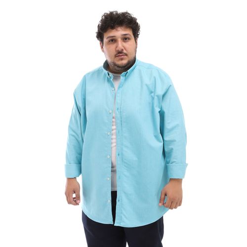 Plus Size Textured Buttoned Shirt - Turquoise