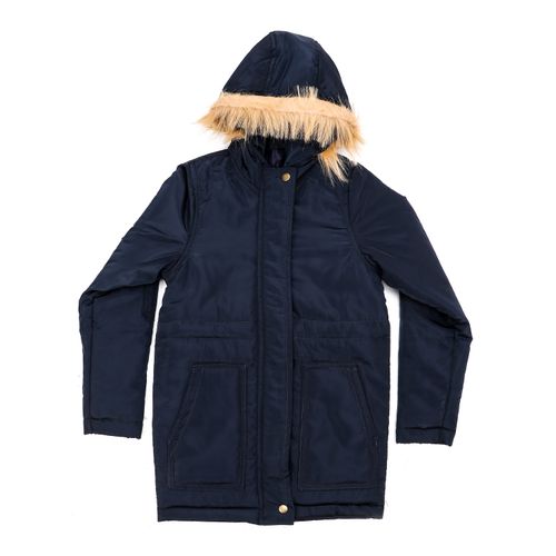 Bomber Jacket With Fur Hoodie For Girls - Navy Blue