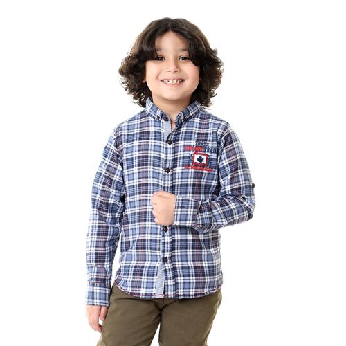 Boys Front Stitched Tartan Long Sleeves Shirt - Greyish Blue