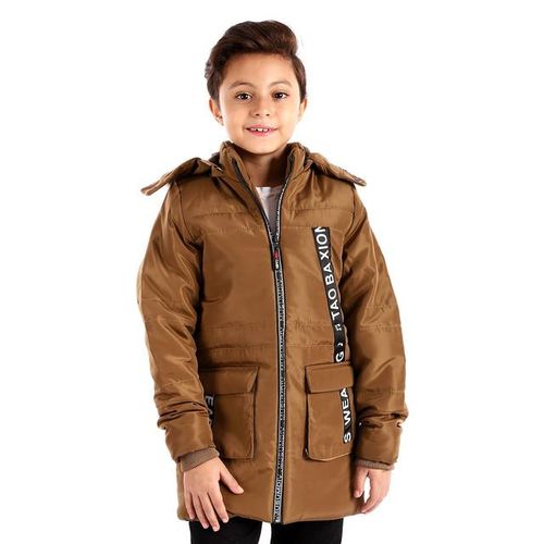 Boys Adjustable Hoodie Zipper Waterproof Jacket - Light Brown
