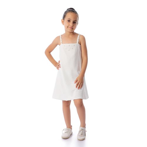 Girls Spaghetti Sleeves Dress With Pearls - Off-White