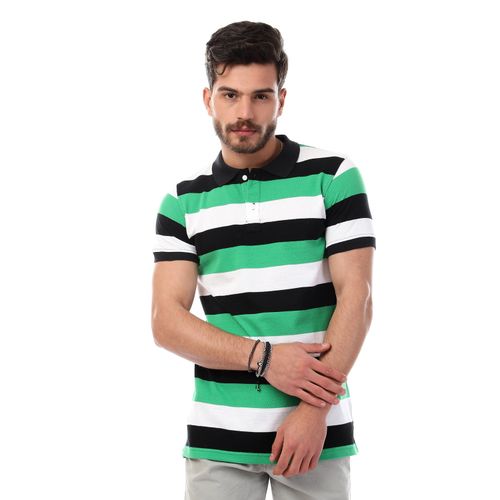 Striped Short Sleeves Buttoned Polo Shirt - Multicolour