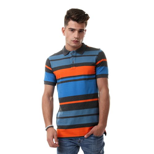 Striped Short Sleeves Buttoned Polo Shirt - Multicolour