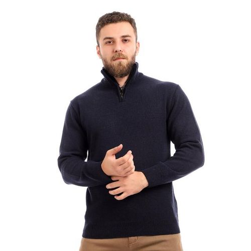 Zipper Closure Navy Blue Long Sleeves Sweater