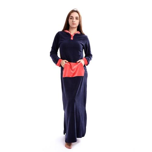 Hooded Buttoned Neck Velvet Nightgown - Navy Blue & Coral