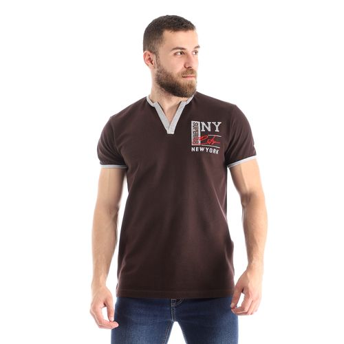 Open V-Neck Pique Slip On T-Shirt - Dark Brown