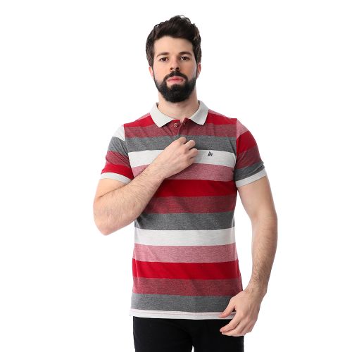 Pique Wild Stripes Polo Shirt - Red & Heather Grey