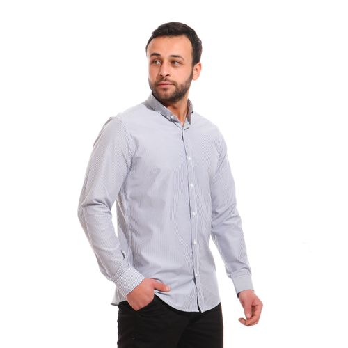 قميص قطن مخطط بياقة مقلوبة - أزرق كحلي وأبيض
